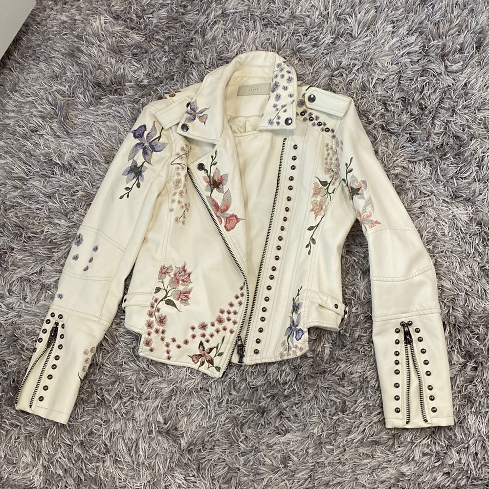 Blank NYC floral vegan leather moto jacket